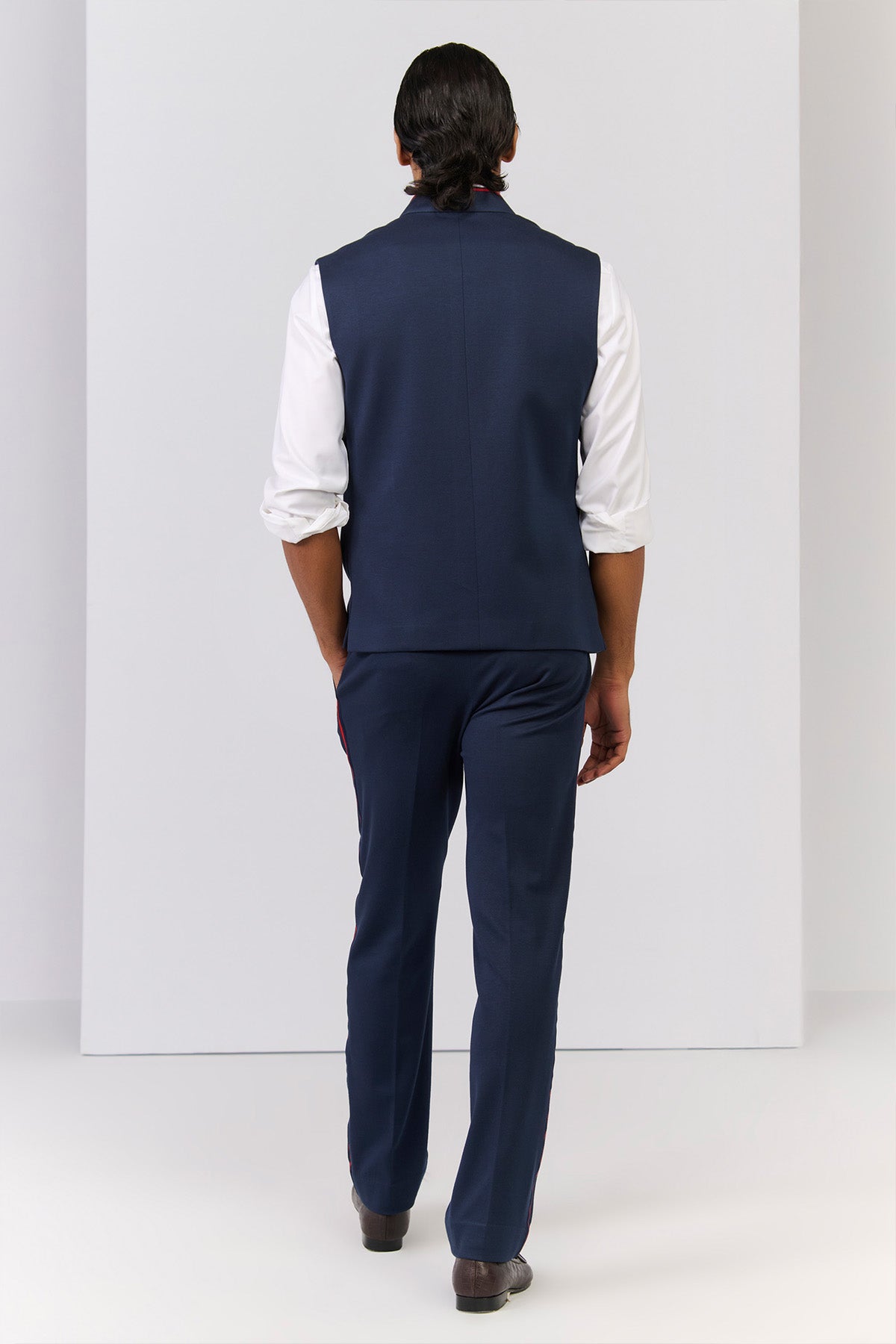 Shantanu & Nikhil Menswear Classic Navy Waistcoat With Tape Details indian designer wear online shopping melange singapore 