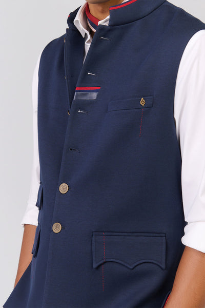 Shantanu & Nikhil Menswear Classic Navy Waistcoat With Tape Details indian designer wear online shopping melange singapore 