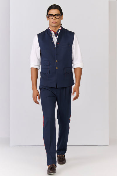 Shantanu & Nikhil Menswear Classic Navy Waistcoat With Tape Details indian designer wear online shopping melange singapore 