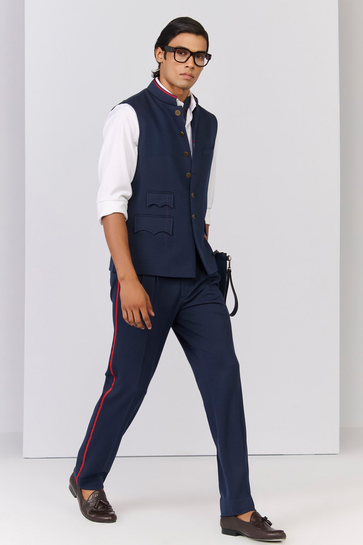 Shantanu & Nikhil Menswear Classic Navy Waistcoat With Tape Details indian designer wear online shopping melange singapore 