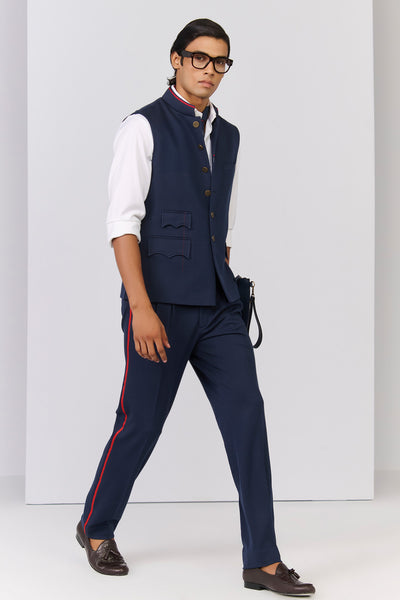 Shantanu & Nikhil Menswear Classic Navy Waistcoat With Tape Details indian designer wear online shopping melange singapore 