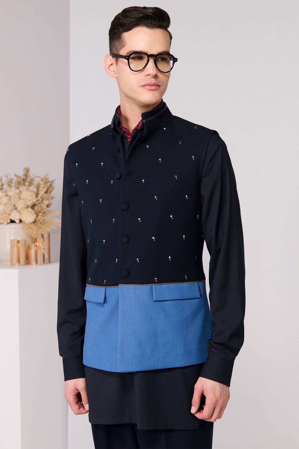 Shantanu & Nikhil Menswear Color-Blocked Waistcoat with Rivet Accents indian designer wear online shopping melange singapore 