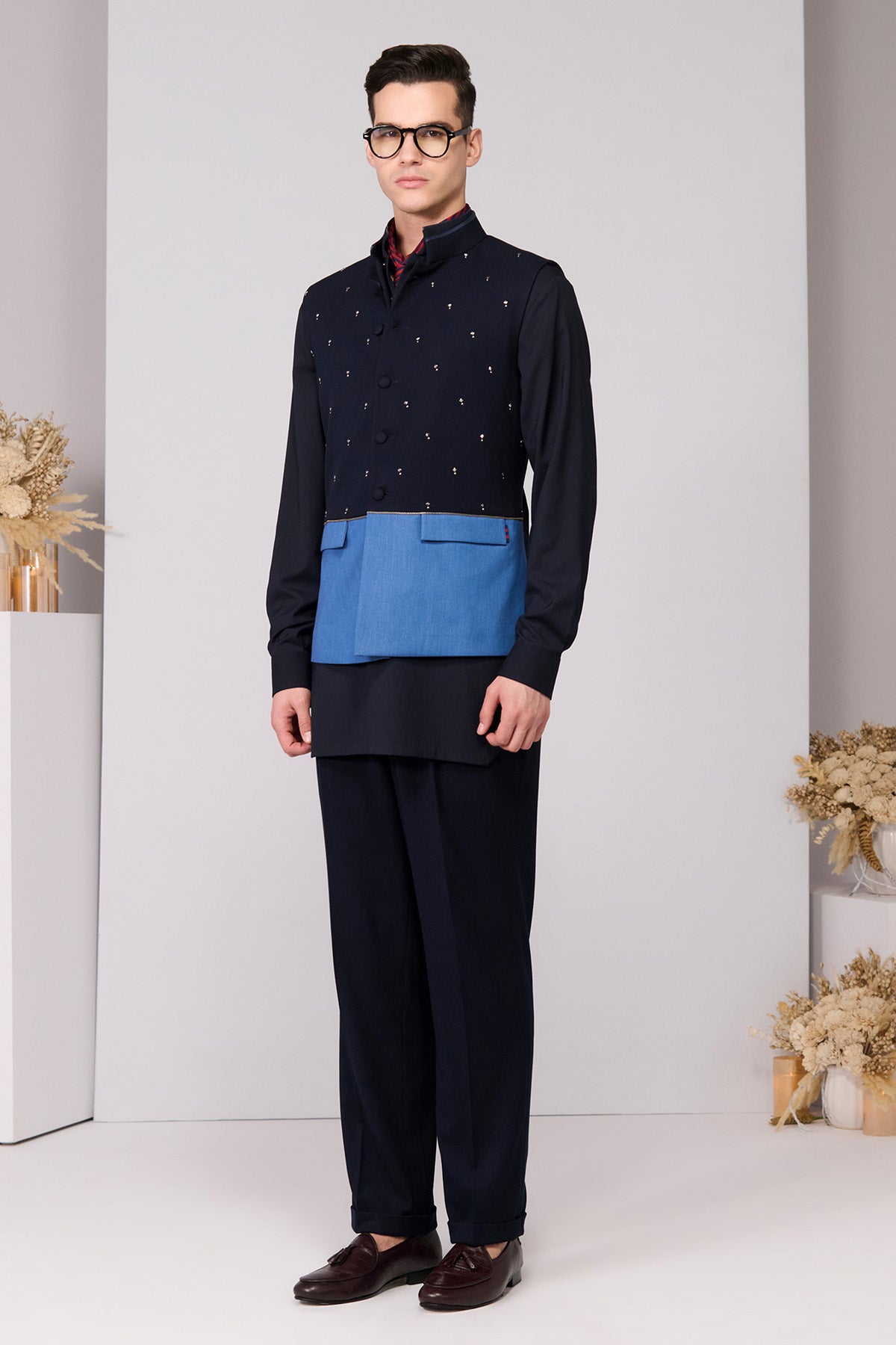 Shantanu & Nikhil Menswear Color-Blocked Waistcoat with Rivet Accents indian designer wear online shopping melange singapore 