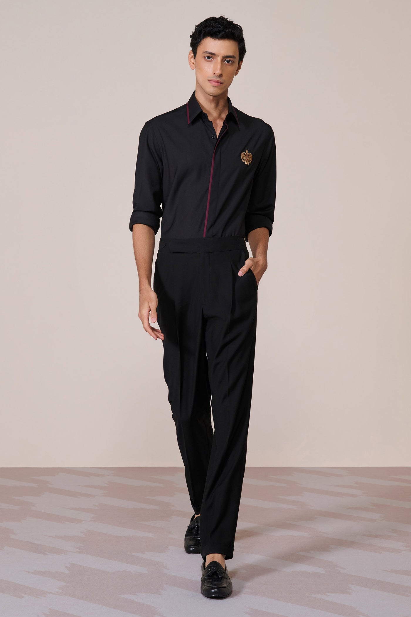 Shantanu & Nikhil Menswear Concealed Placket Black Shirt indian designer wear online shopping melange singapore
