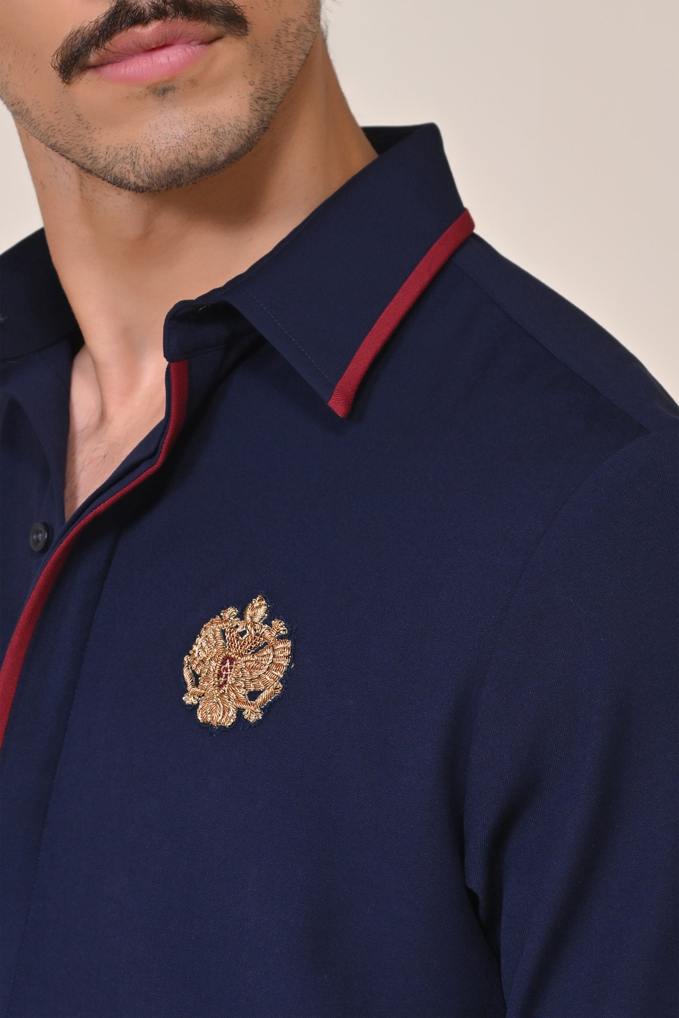 Shantanu & Nikhil Menswear Concealed Placket Navy Shirt indian designer wear online shopping melange singapore