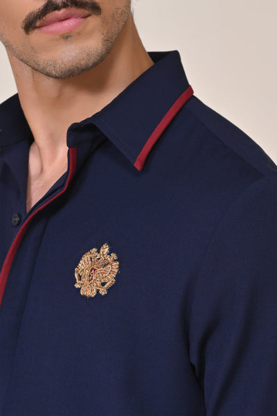 Shantanu & Nikhil Menswear Concealed Placket Navy Shirt indian designer wear online shopping melange singapore