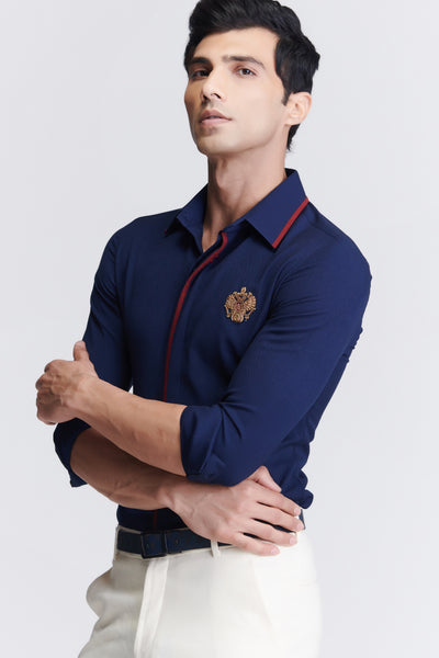 Shantanu & Nikhil Menswear Concealed Placket Navy Shirt indian designer wear online shopping melange singapore