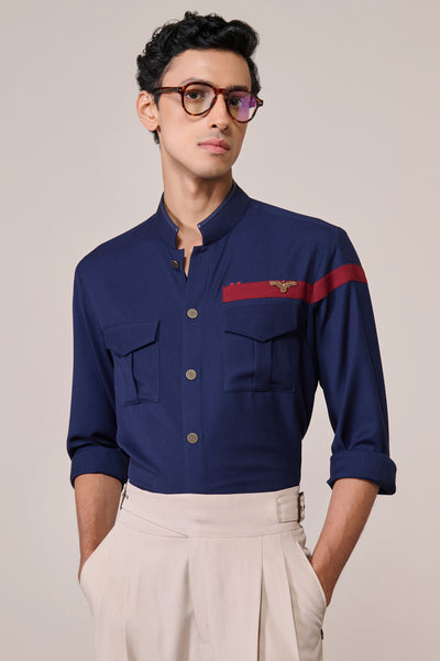 Shantanu & Nikhil Menswear Crested Navy Shirt indian designer wear online shopping melange singapore