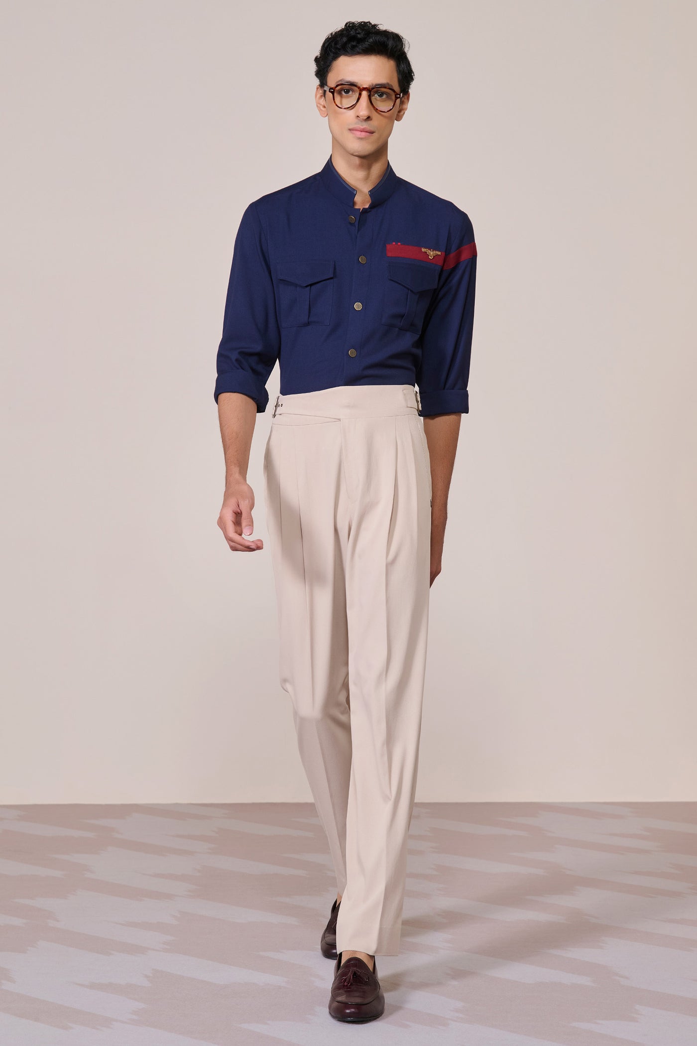 Shantanu & Nikhil Menswear Crested Navy Shirt indian designer wear online shopping melange singapore