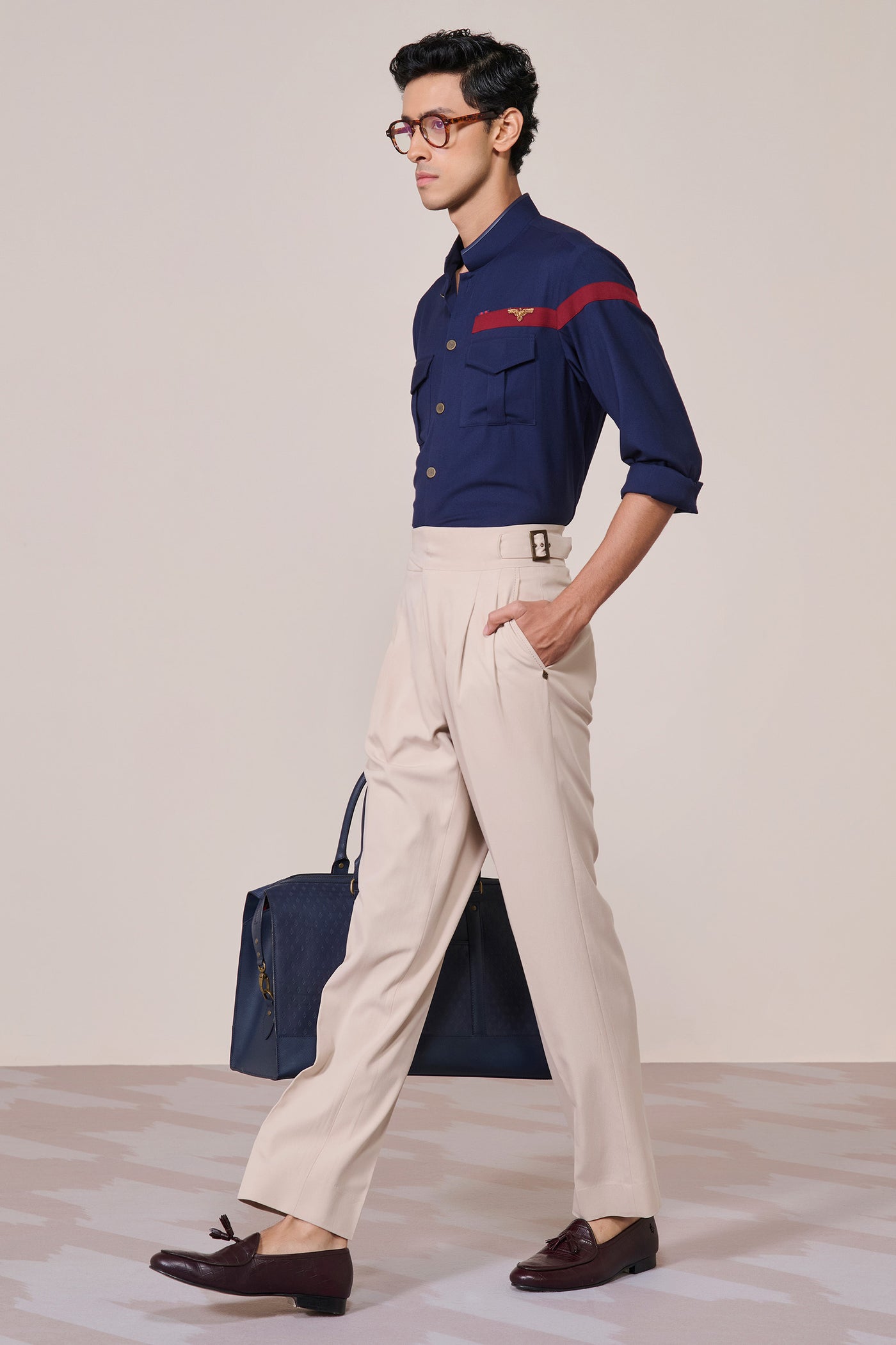 Shantanu & Nikhil Menswear Crested Navy Shirt indian designer wear online shopping melange singapore