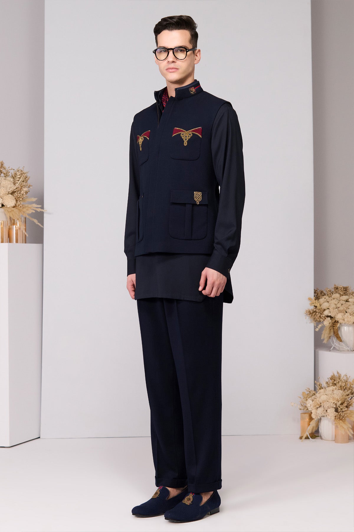 Shantanu & Nikhil Menswear Crimson Crest Waistcoat indian designer wear online shopping melange singapore 