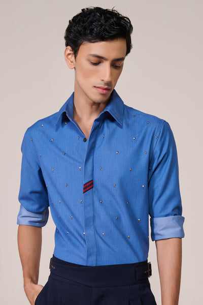 Shantanu & Nikhil Menswear Dark Blue Rivet Detail Shirt indian designer wear online shopping melange singapore