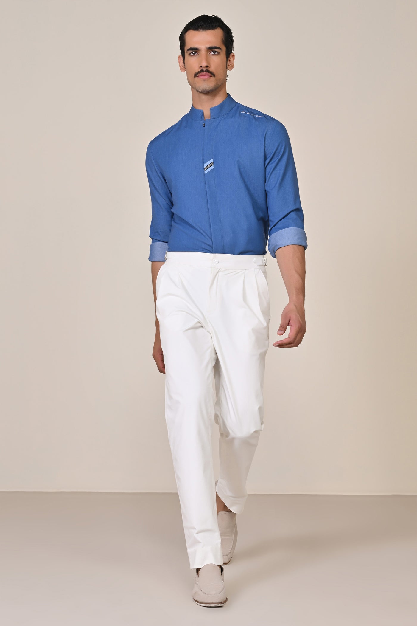 Shantanu & Nikhil Menswear Denim Band Collar Shirt indian designer wear online shopping melange singapore