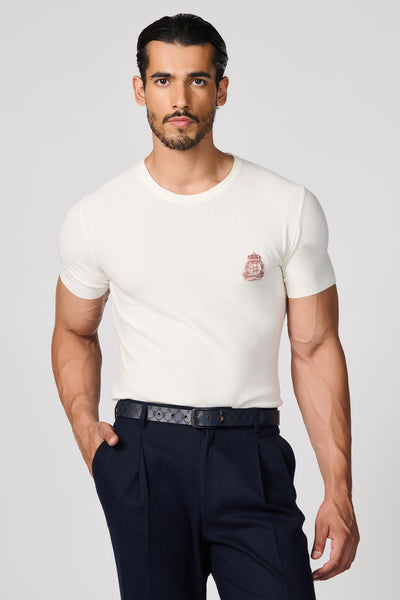 Shantanu & Nikhil Menswear Ecru Knit T-Shirt With Crest indian designer wear online shopping melange singapore