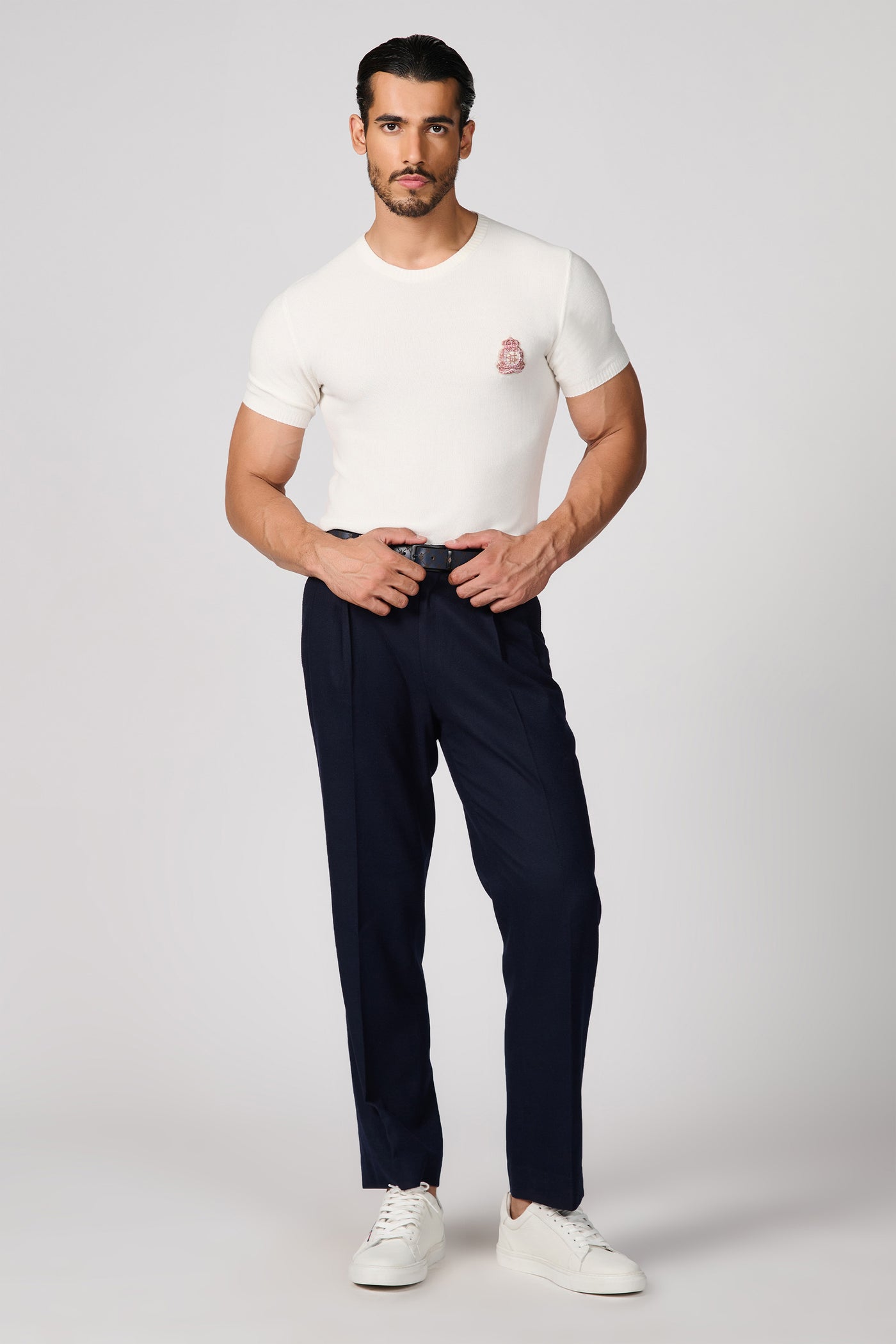 Shantanu & Nikhil Menswear Ecru Knit T-Shirt With Crest indian designer wear online shopping melange singapore