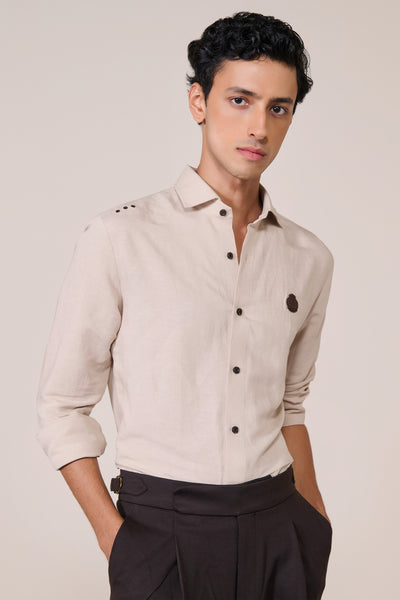 Shantanu & Nikhil Menswear Ecru Linen Crested Shirt indian designer wear online shopping melange singapore