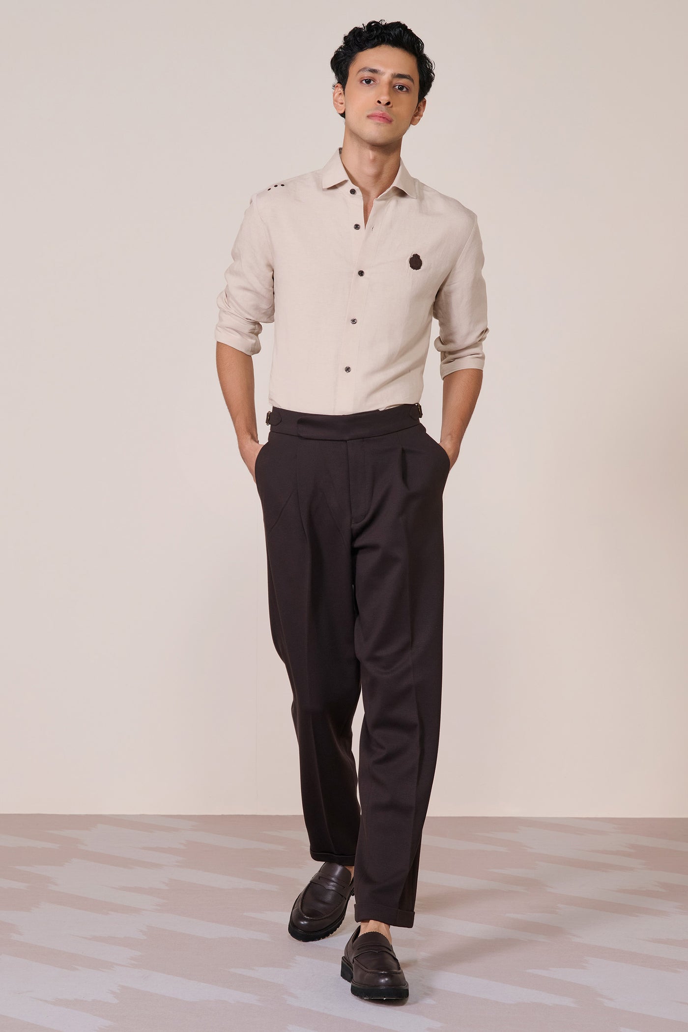 Shantanu & Nikhil Menswear Ecru Linen Crested Shirt indian designer wear online shopping melange singapore