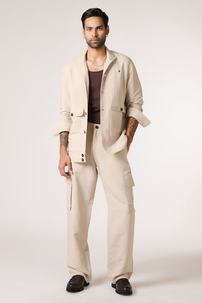 Shantanu & Nikhil Menswear Ecru Linen Utility Shacket indian designer wear online shopping melange singapore