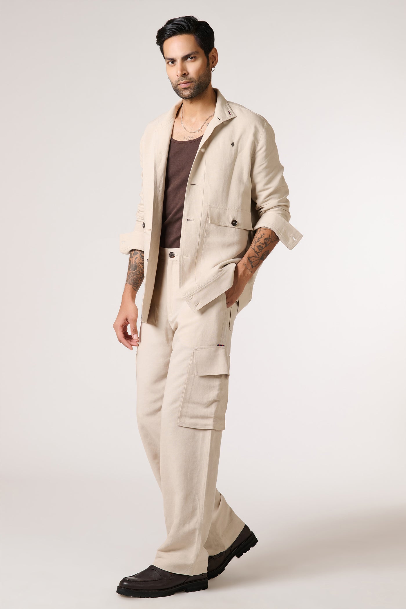 Shantanu & Nikhil Menswear Ecru Linen Utility Shacket indian designer wear online shopping melange singapore