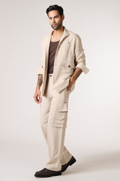 Shantanu & Nikhil Menswear Ecru Linen Utility Shacket indian designer wear online shopping melange singapore