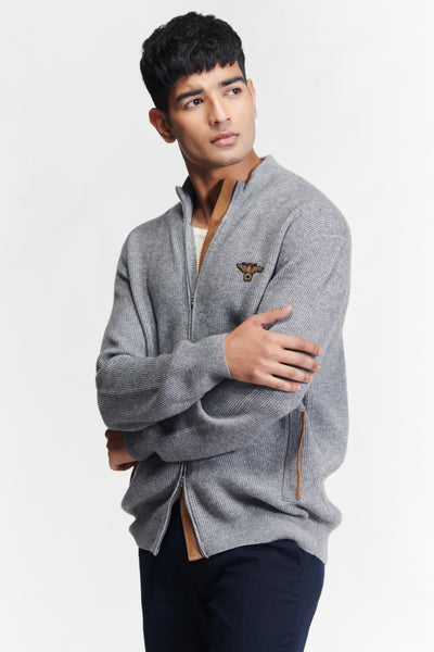 Shantanu & Nikhil Menswear Grey Crested Cardigan indian designer wear online shopping melange singapore