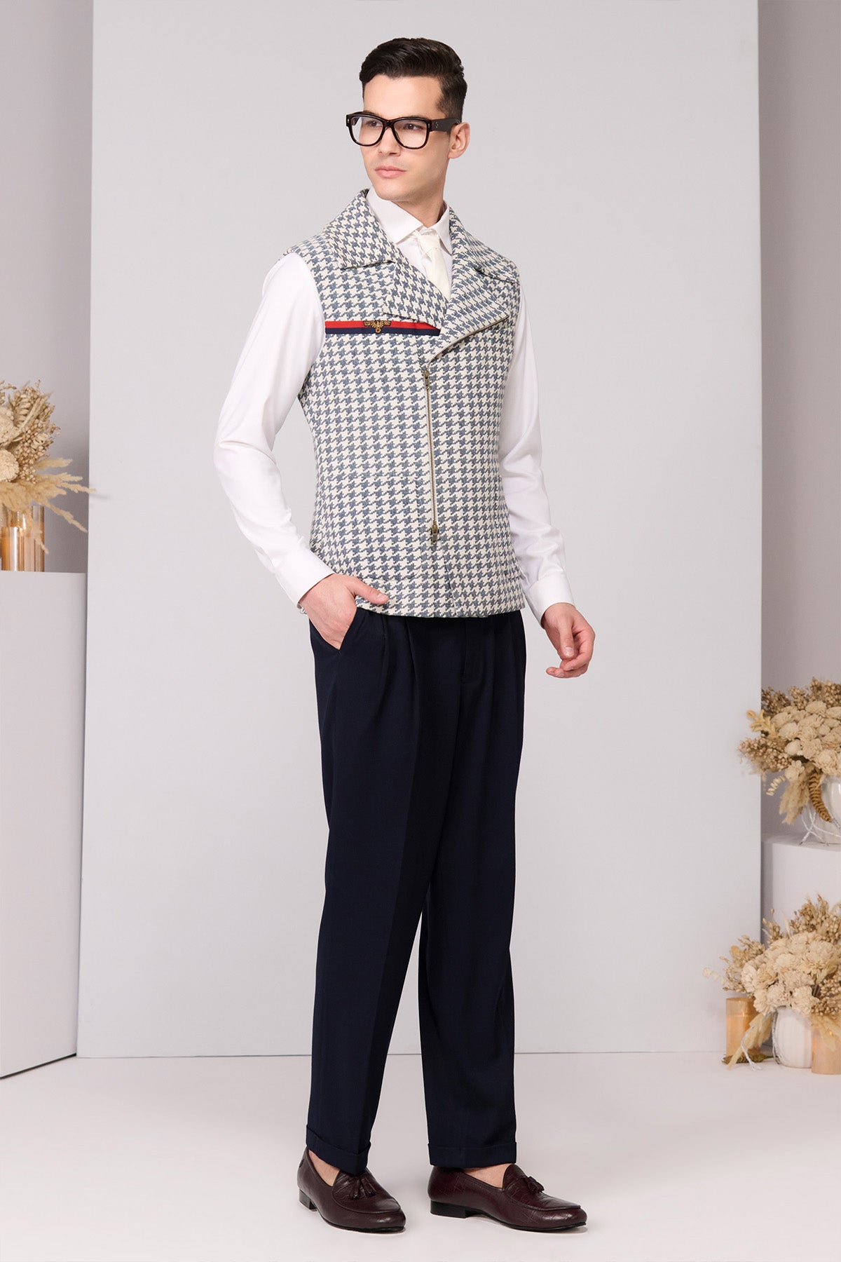 Shantanu & Nikhil Menswear Houndstooth Anti-Trend Zipped Waistcoat indian designer wear online shopping melange singapore 