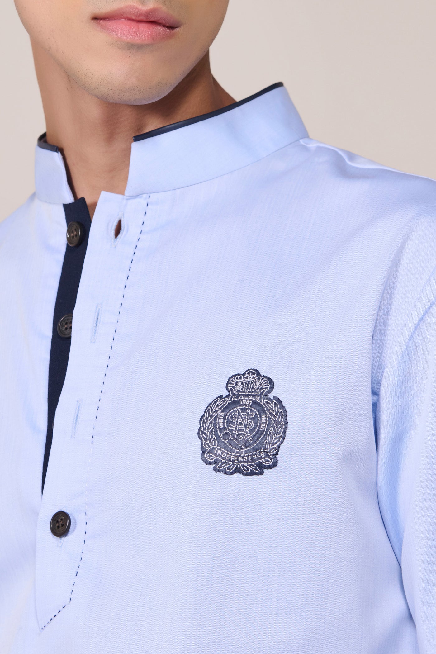 Shantanu & Nikhil Menswear Light Blue Cotton Crested Kurta indian designer wear online shopping melange singapore