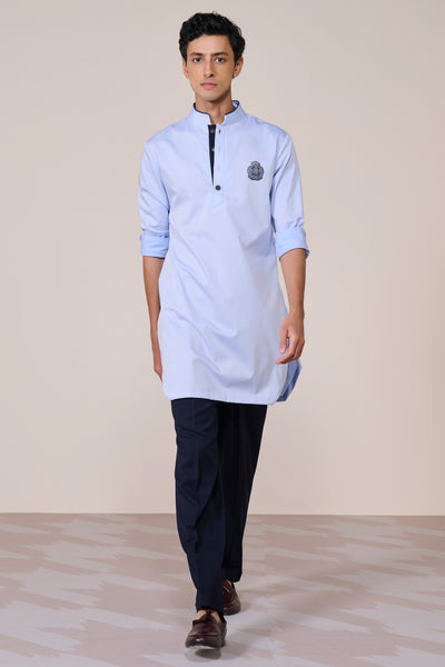 Shantanu & Nikhil Menswear Light Blue Cotton Crested Kurta indian designer wear online shopping melange singapore