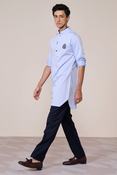 Shantanu & Nikhil Menswear Light Blue Cotton Crested Kurta indian designer wear online shopping melange singapore