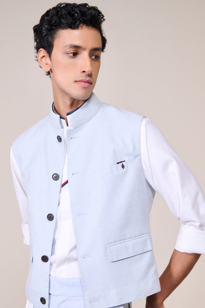 Shantanu & Nikhil Menswear Light Blue Linen Waistcoat indian designer wear online shopping melange singapore
