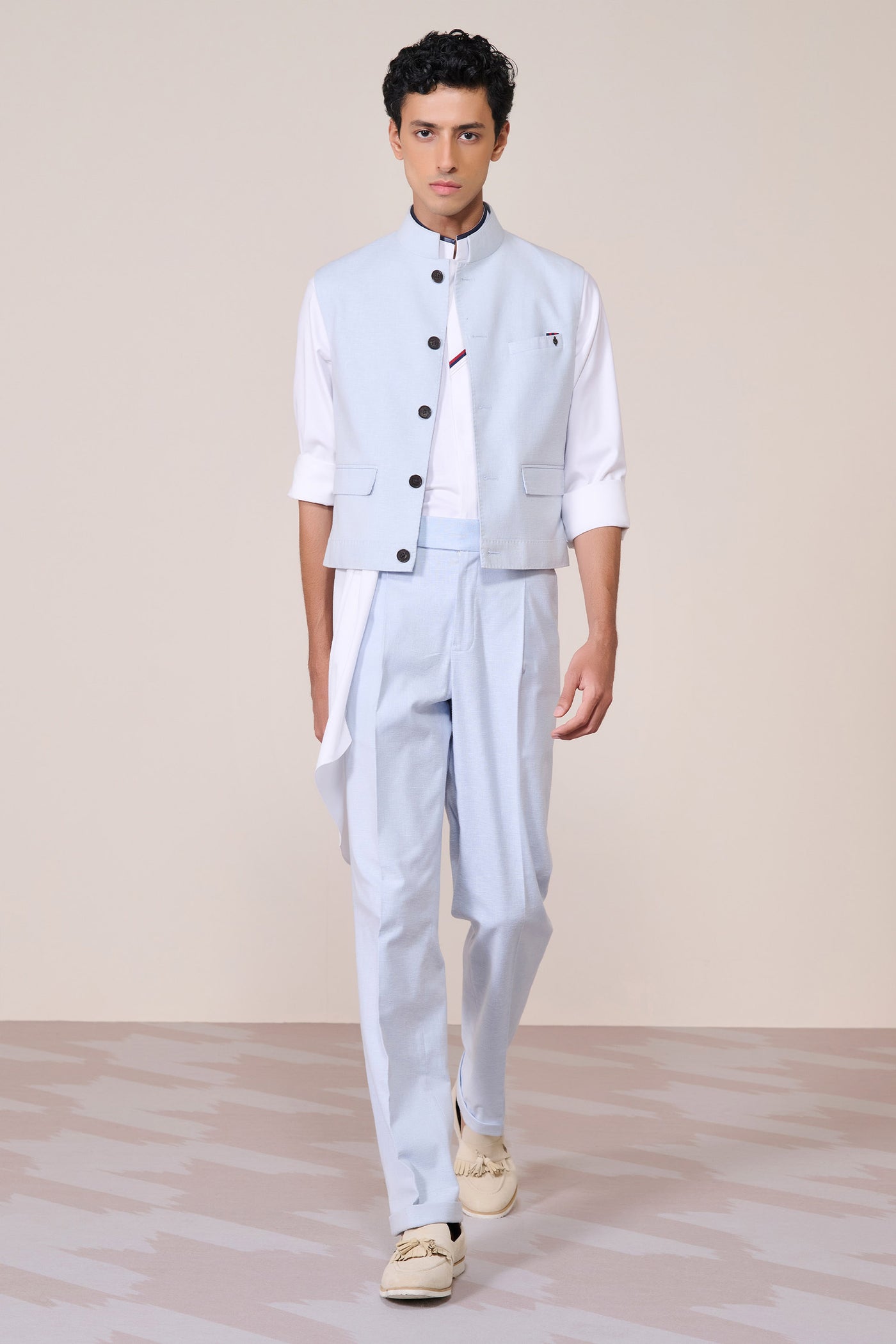 Shantanu & Nikhil Menswear Light Blue Linen Waistcoat indian designer wear online shopping melange singapore