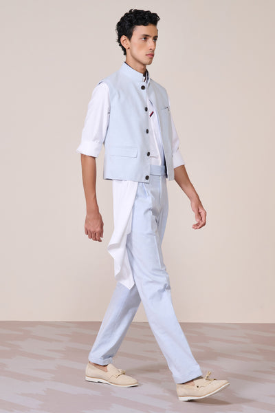 Shantanu & Nikhil Menswear Light Blue Linen Waistcoat indian designer wear online shopping melange singapore