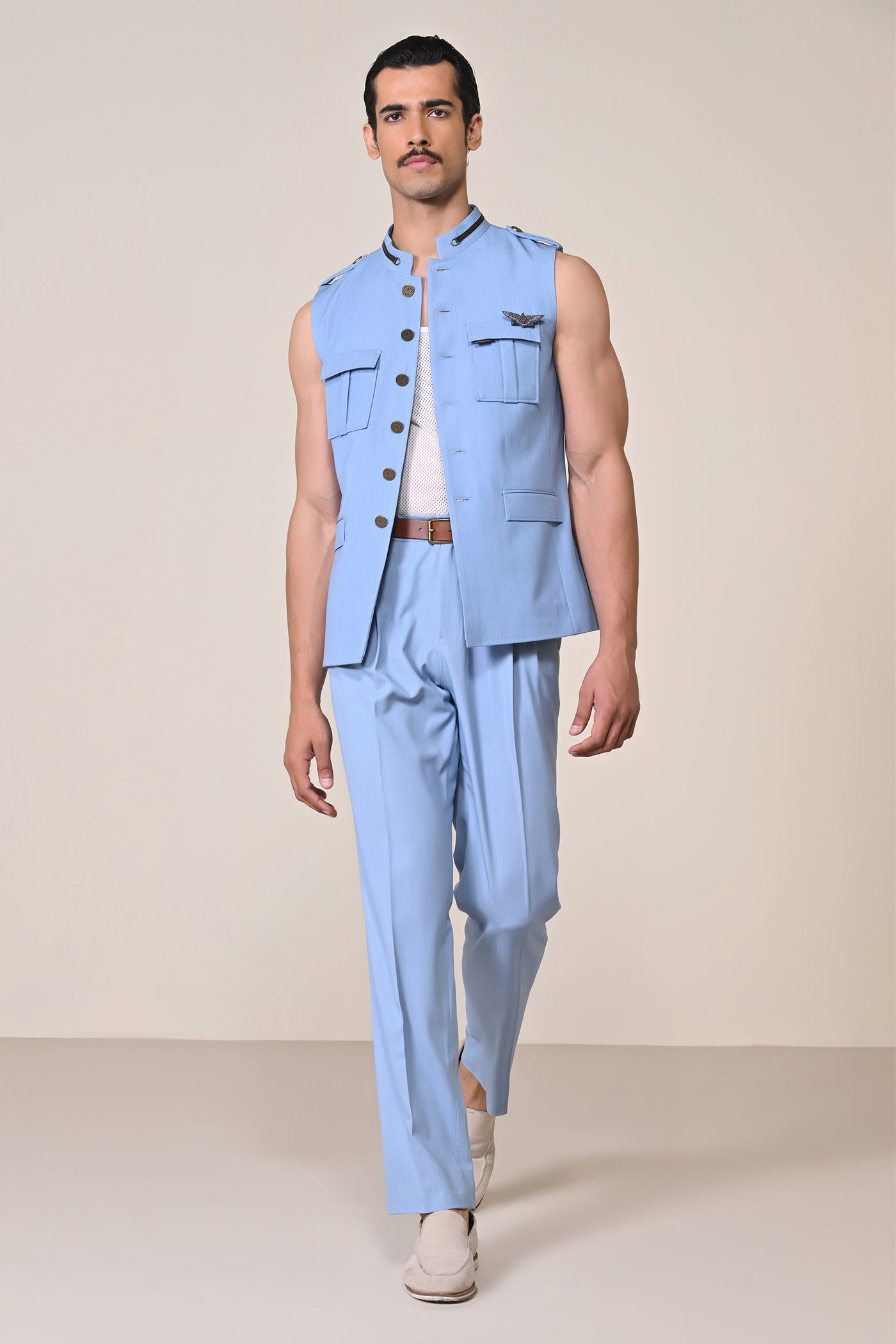 Shantanu & Nikhil Menswear Light Blue Nehruvian Waistcoat indian designer wear online shopping melange singapore
