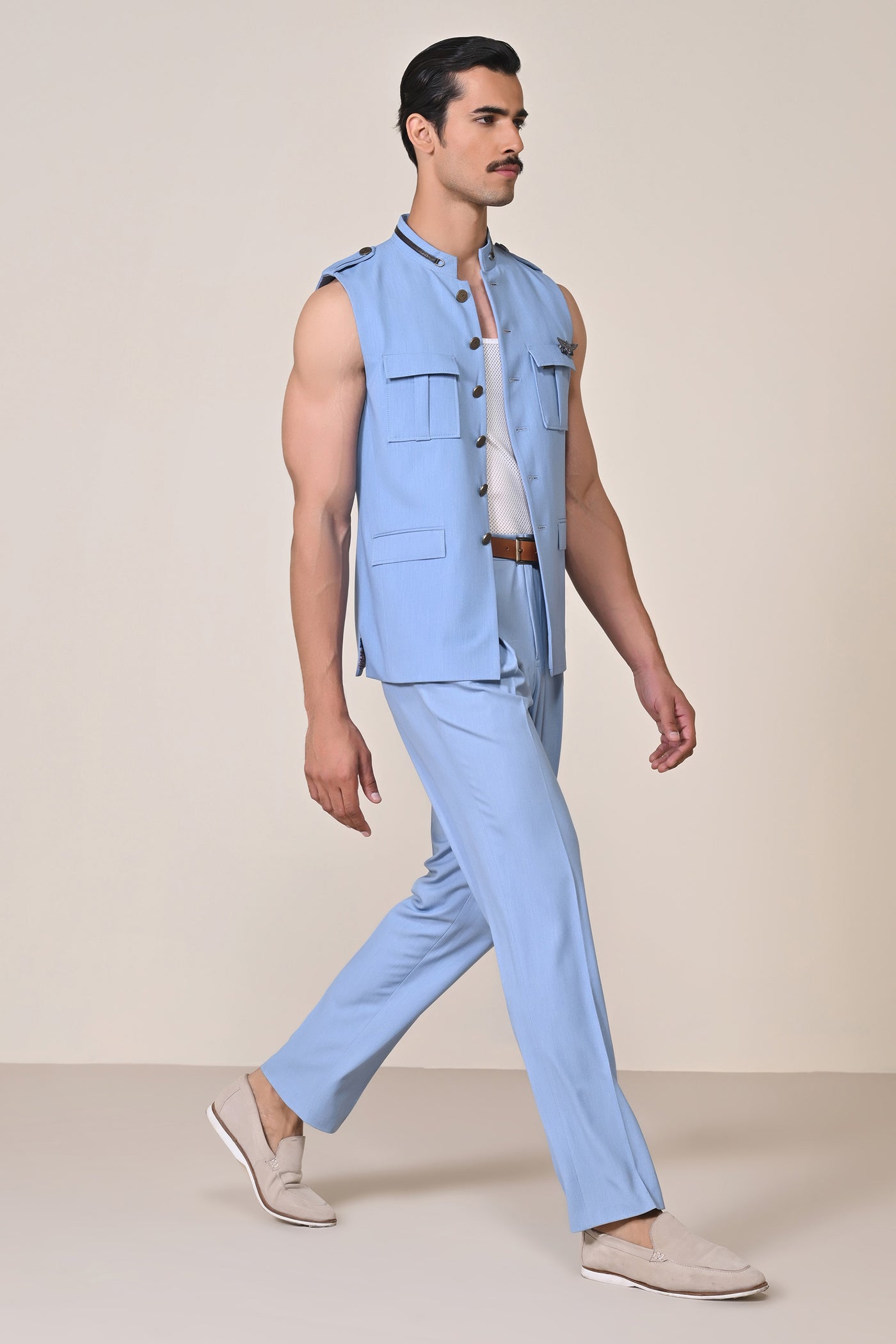 Shantanu & Nikhil Menswear Light Blue Nehruvian Waistcoat indian designer wear online shopping melange singapore
