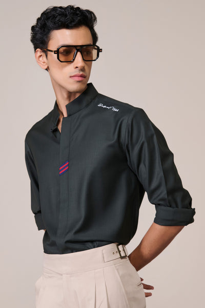 Shantanu & Nikhil Menswear Military Green Band Collar Shirt indian designer wear online shopping melange singapore