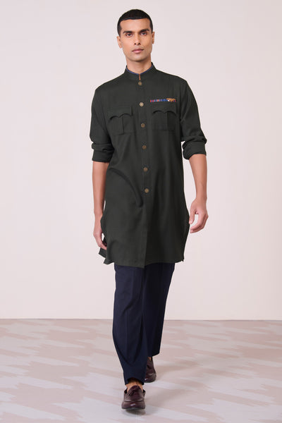 Shantanu & Nikhil Menswear Military Green Cargo Kurta indian designer wear online shopping melange singapore