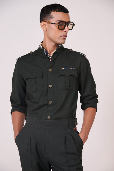 Shantanu & Nikhil Menswear Military Green Cargo Shirt indian designer wear online shopping melange singapore