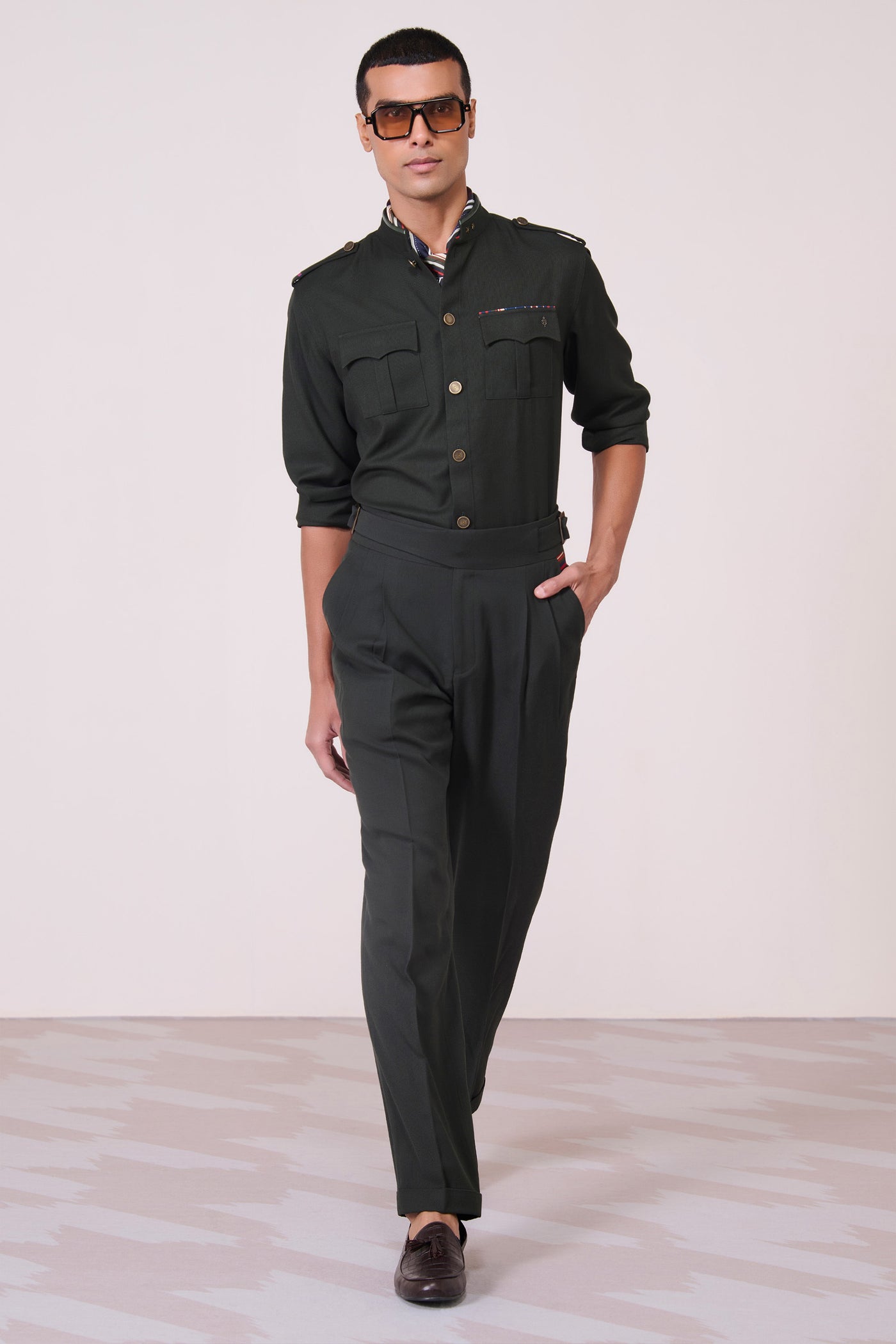 Shantanu & Nikhil Menswear Military Green Cargo Shirt indian designer wear online shopping melange singapore