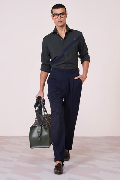 Shantanu & Nikhil Menswear Military Green Colour Block Shirt indian designer wear online shopping melange singapore