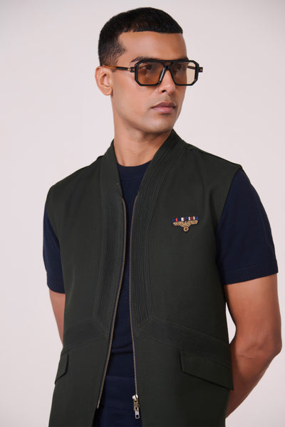 Shantanu & Nikhil Menswear Military Green Embroidered Waistcoat indian designer wear online shopping melange singapore