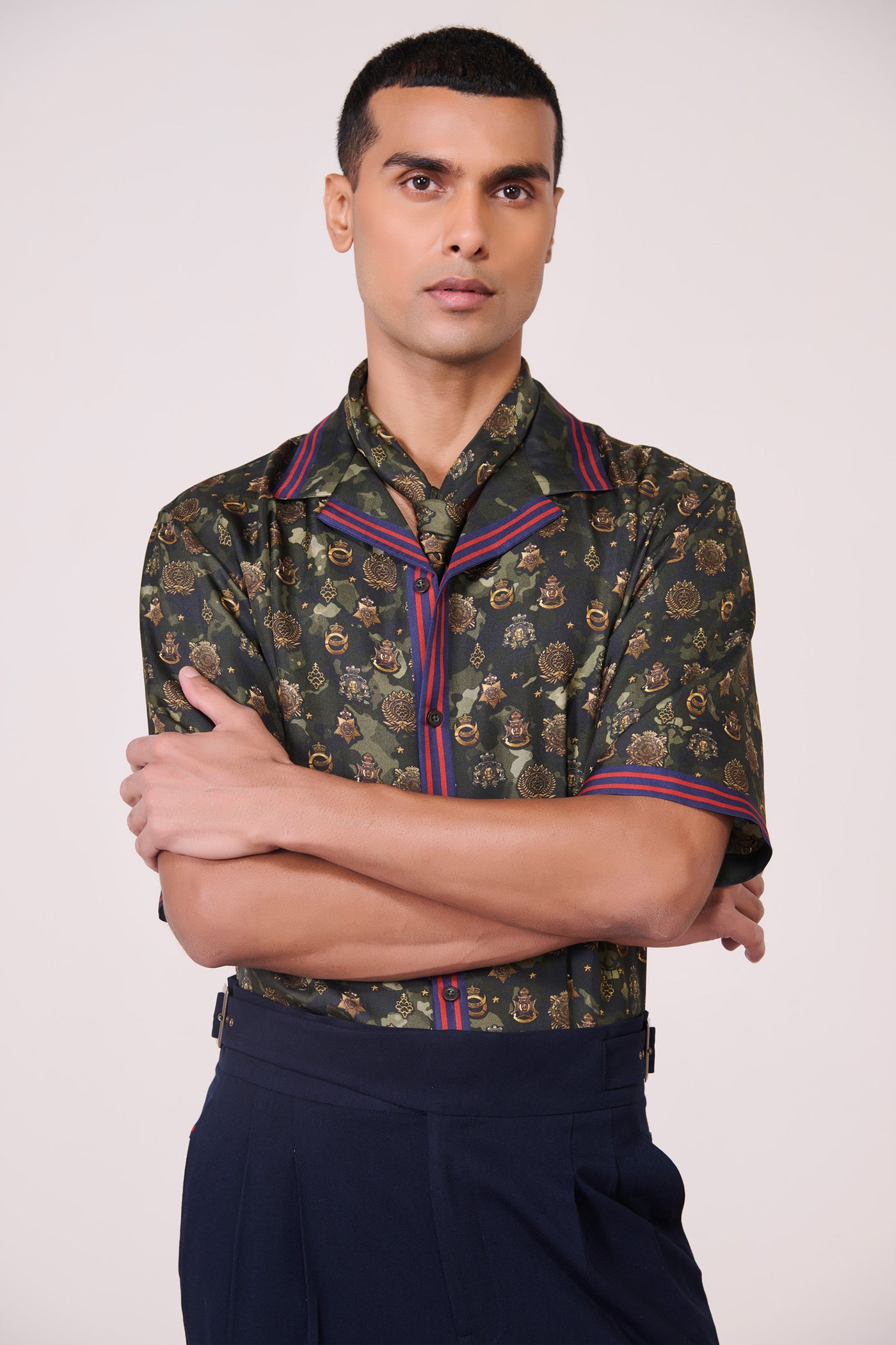 Shantanu & Nikhil Menswear Military Green Silk Twill Shirt indian designer wear online shopping melange singapore