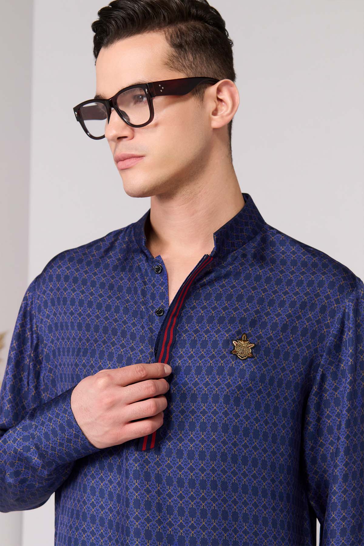 Shantanu & Nikhil Menswear Navy Adamas Printed Kurta indian designer wear online shopping melange singapore 