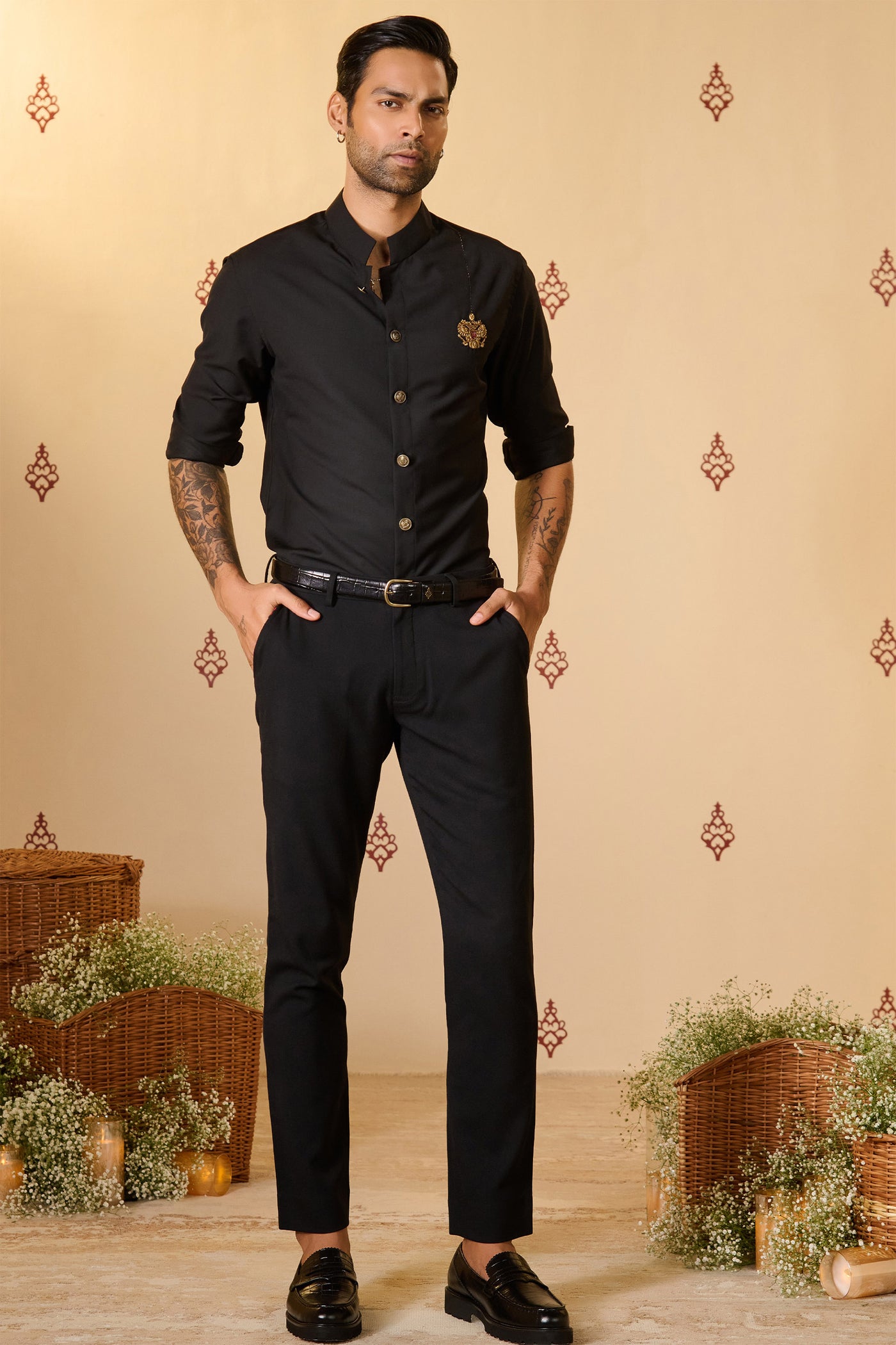 Shantanu & Nikhil Menswear Navy Antique Crested Shirt indian designer wear online shopping melange singapore