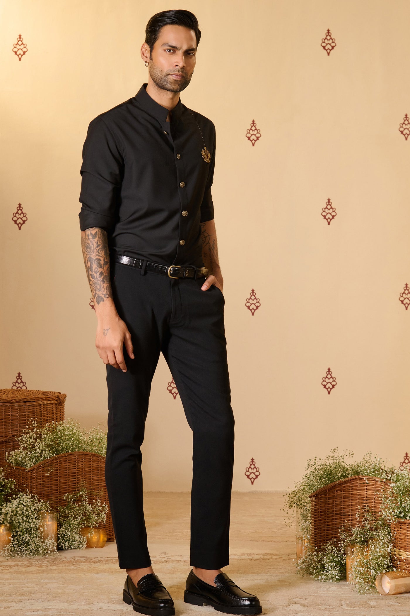 Shantanu & Nikhil Menswear Navy Antique Crested Shirt indian designer wear online shopping melange singapore