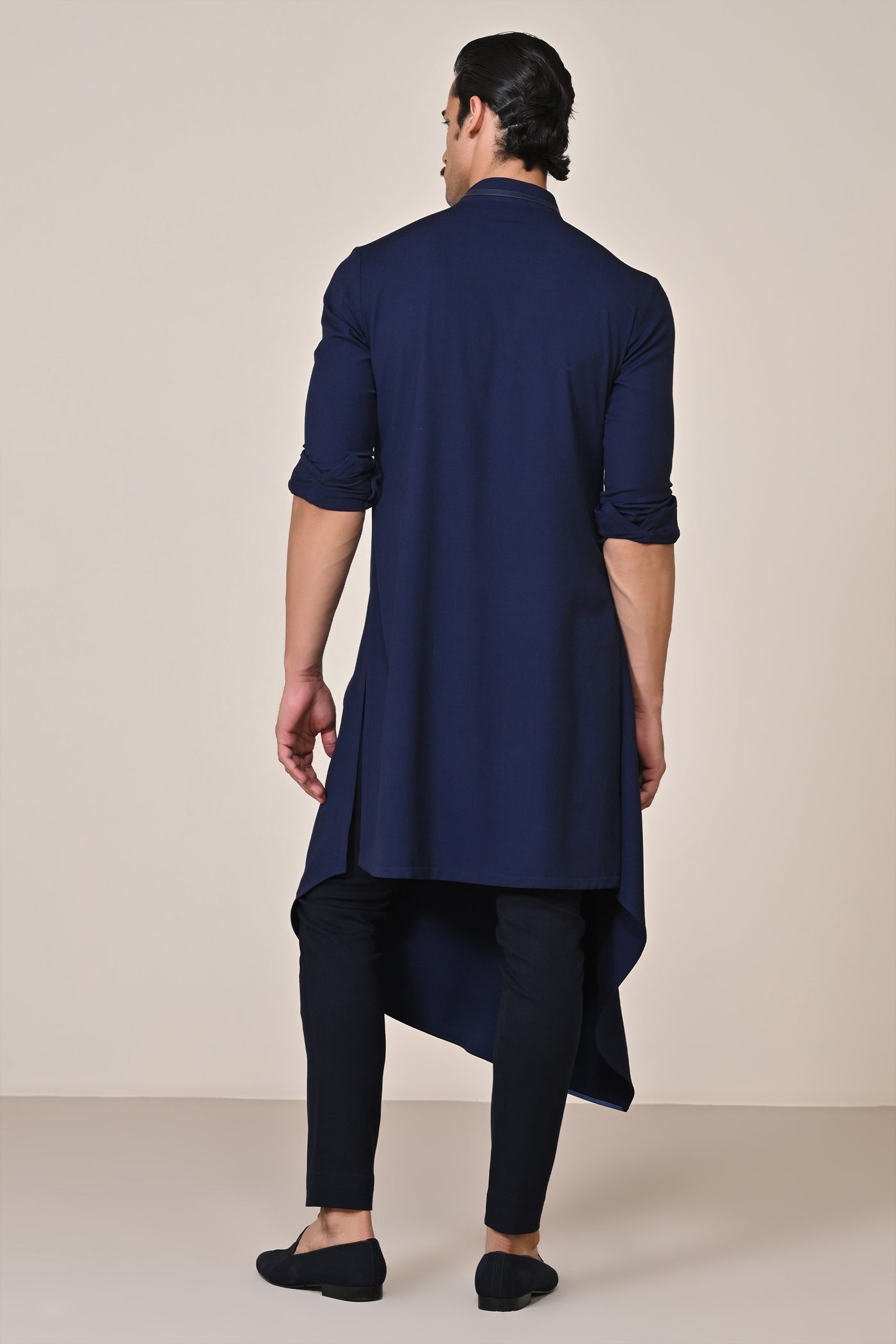 Shantanu & Nikhil Menswear Navy Asymmetrical Kurta with Crest indian designer wear online shopping melange singapore