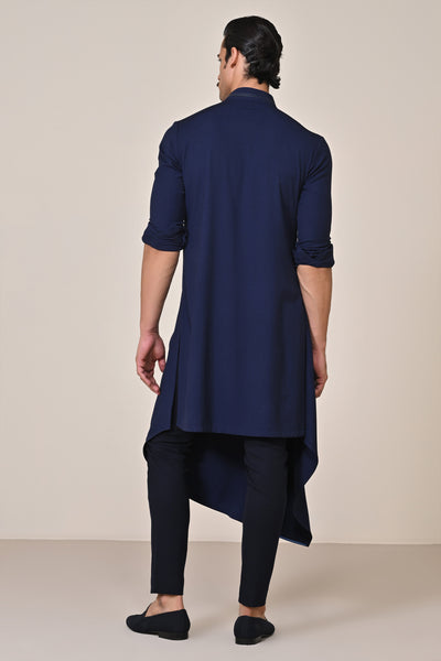 Shantanu & Nikhil Menswear Navy Asymmetrical Kurta with Crest indian designer wear online shopping melange singapore