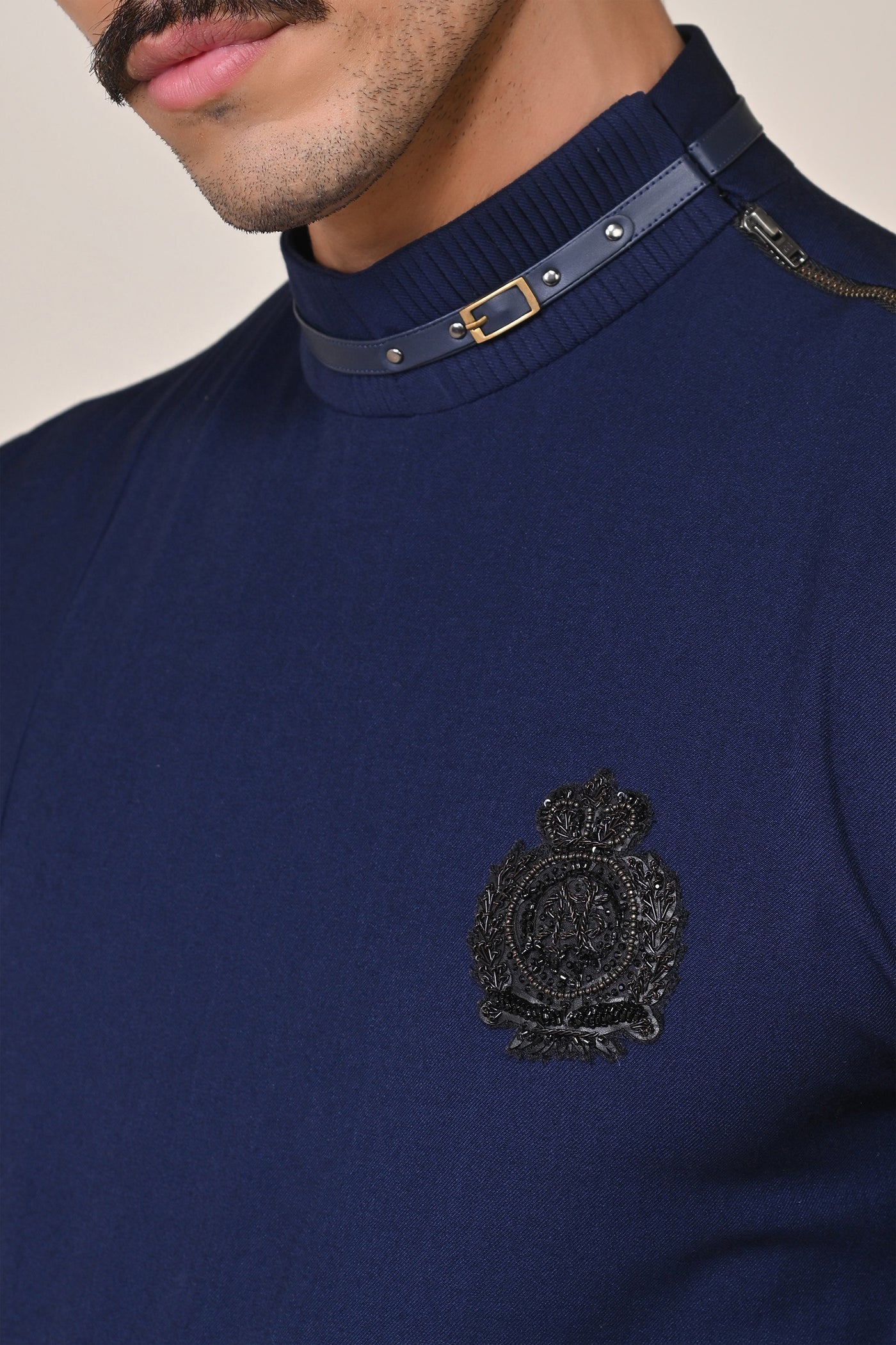 Shantanu & Nikhil Menswear Navy Asymmetrical Kurta with Crest indian designer wear online shopping melange singapore