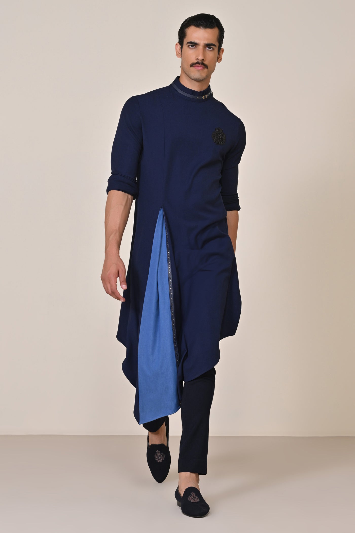 Shantanu & Nikhil Menswear Navy Asymmetrical Kurta with Crest indian designer wear online shopping melange singapore