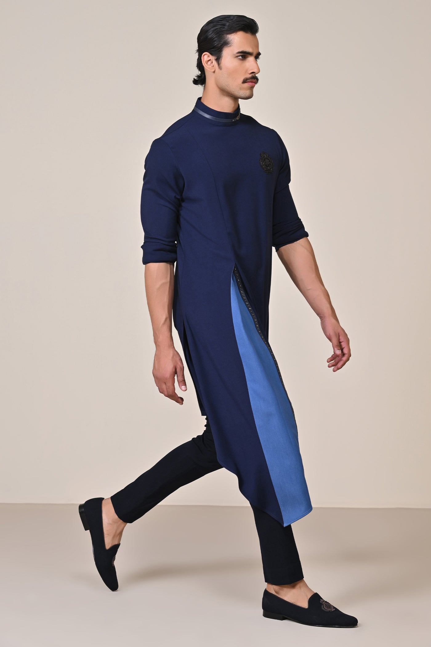 Shantanu & Nikhil Menswear Navy Asymmetrical Kurta with Crest indian designer wear online shopping melange singapore