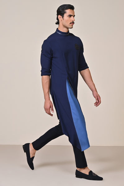Shantanu & Nikhil Menswear Navy Asymmetrical Kurta with Crest indian designer wear online shopping melange singapore